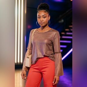 Soul Sanctuary metallic top with pleated bell sleeves keyhole back Size M